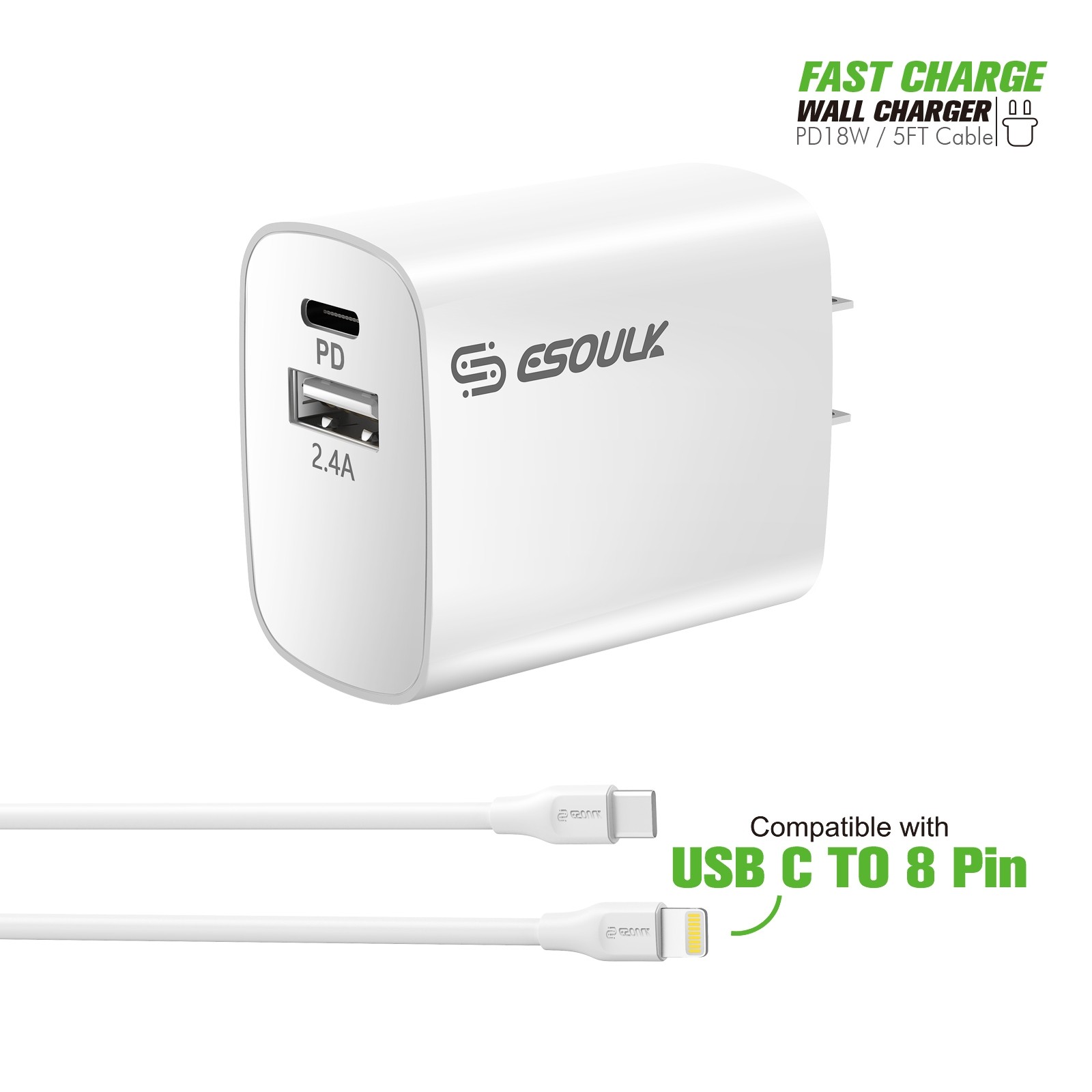EC10P-CC-WH 18W Wall Charger PD&2.4A USB with 5ft C to C cable - ESoul –  decibelcell