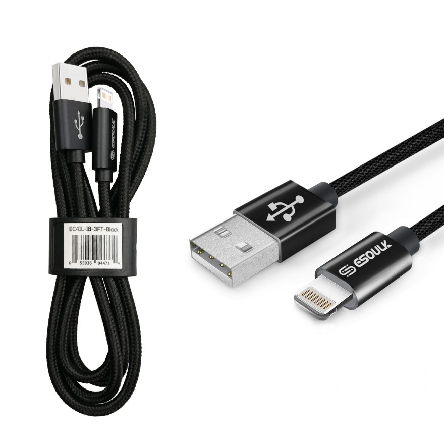 EC41L-IP-BK Esoulk 【3.3ft/1m】Nylon Braided USB Cable for iPhone