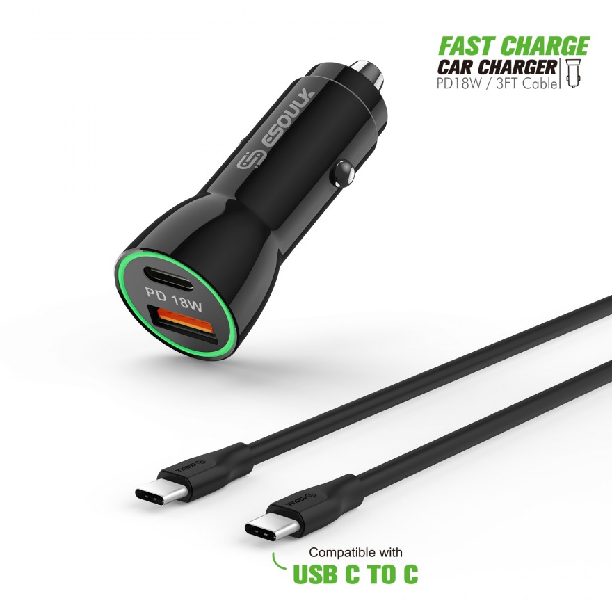 EC09P-CC-BK:18W Car Charger PD & USB-A with 3ft C to C cable 