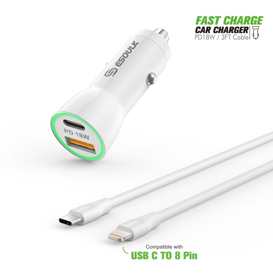 EC09P-CL-WH:18W Car Charger PD & USB-A With 3ft C to IPhone Cable For iPhone 12/11 