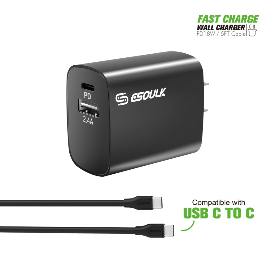 EC10P-CC-BK:18W Wall Charger PD & USB-A with 5ft C to C cable 