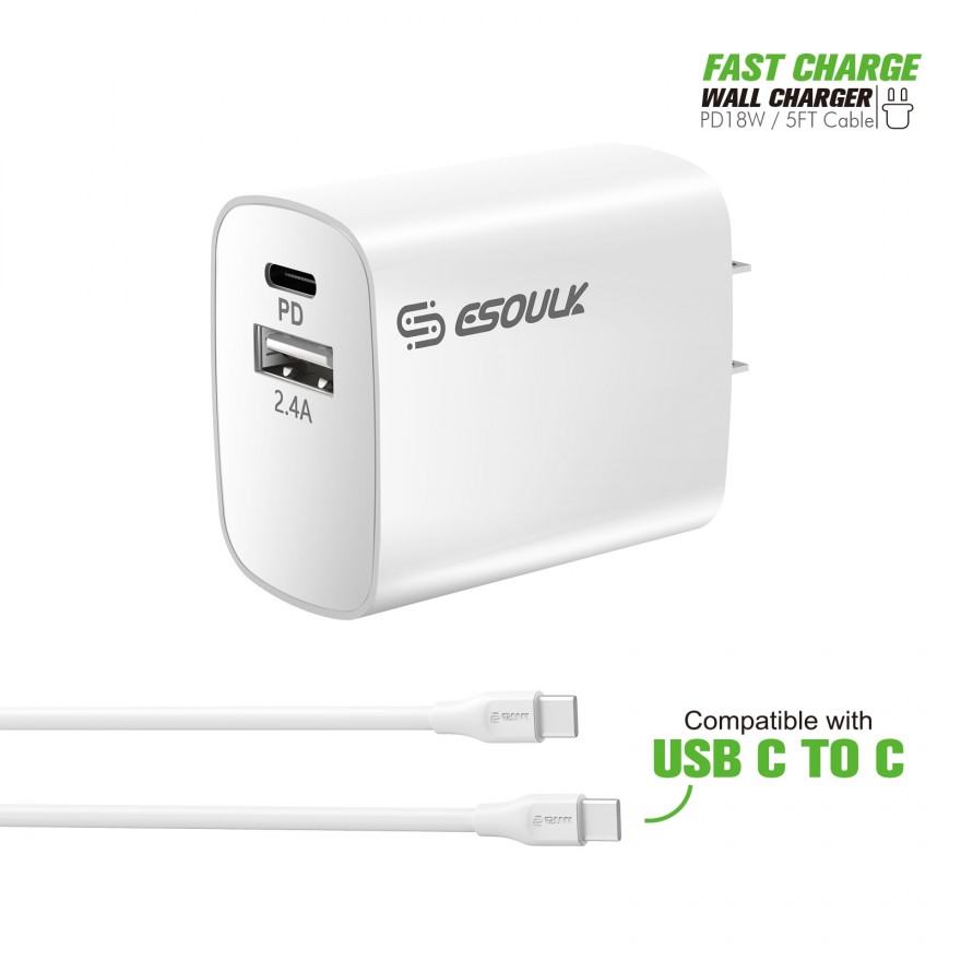 EC10P-CC-WH:18W Wall Charger PD & USB-A with 5ft C to C cable 