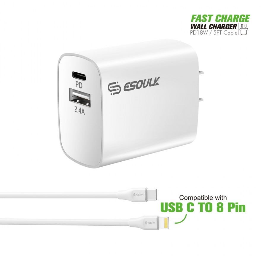 EC10P-CL-WH:18W Wall Charger PD & USB-A with 5ft C to iPhone cable For iPhone 12/11 