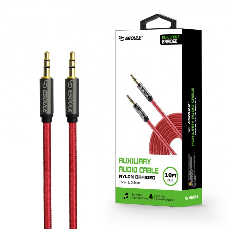 EC31P-AX-RD: Esoulk 3M [10ft] Nylon Fabric Tangle-Free Male to Male 3.5mm Auxiliary Cable Red