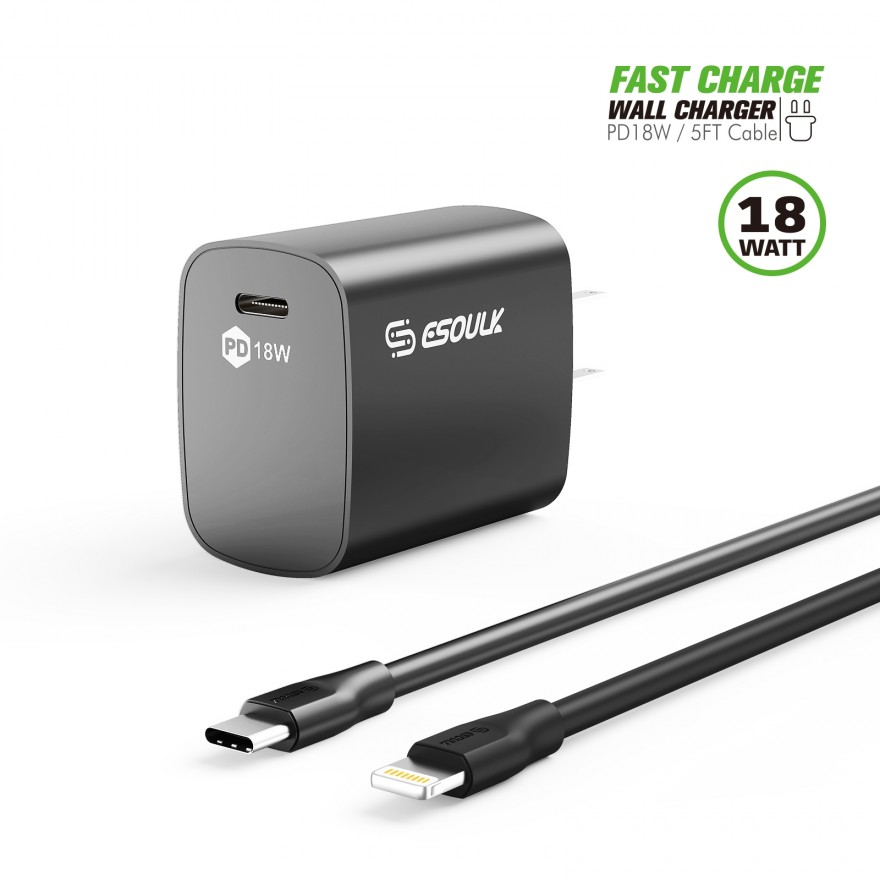 EC35P-CL-BK:18W PD Fast Charger Wall  & 5FT C to 8Pin Cable For iPhone 12/11