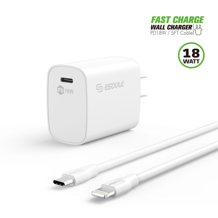 EC35P-CL-WH:18W PD Fast Charger Wall  & 5FT C to 8Pin Cable For iPhone 12/11