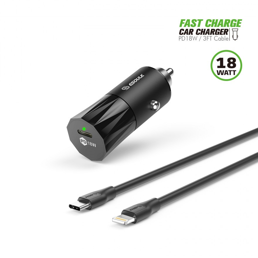 EC36P-CL-BK:18W PD Fast Charger Car & 3FT C to 8Pin Cable For iPhone 12/11