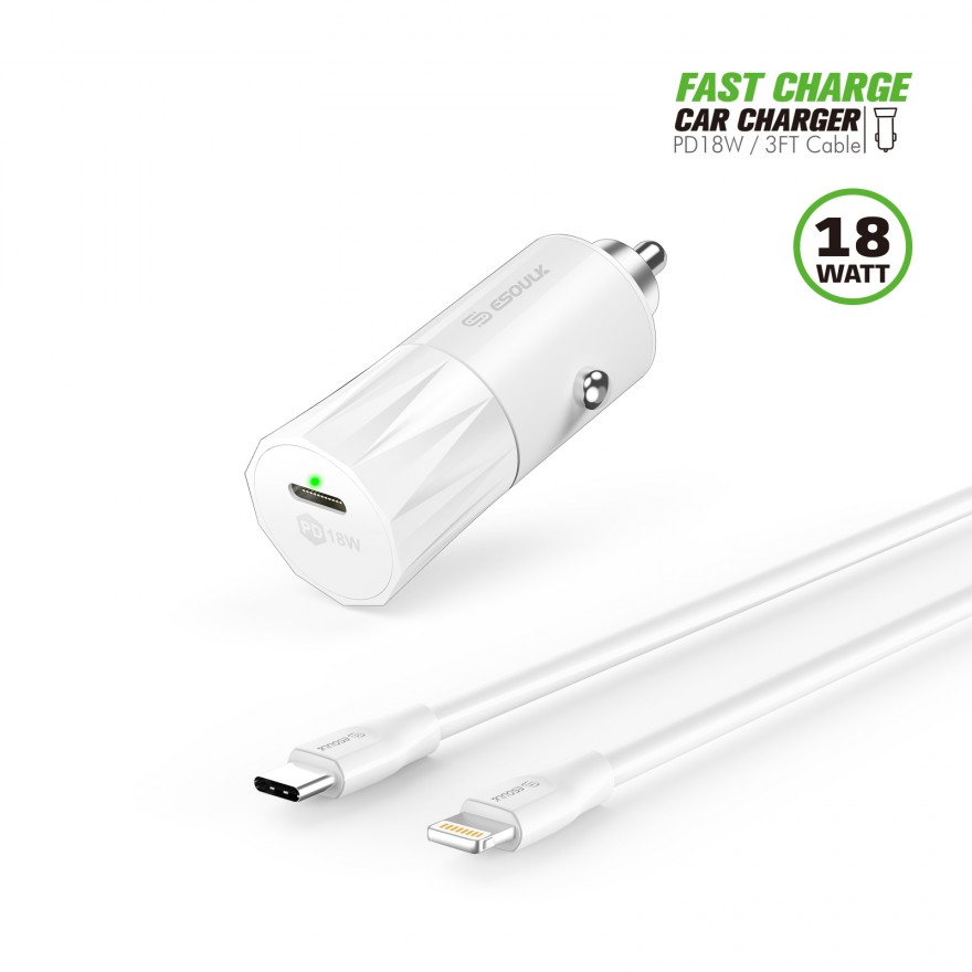 EC36P-CL-WH:18W PD Fast Charger Car & 3FT C to 8Pin Cable For iPhone 12/11