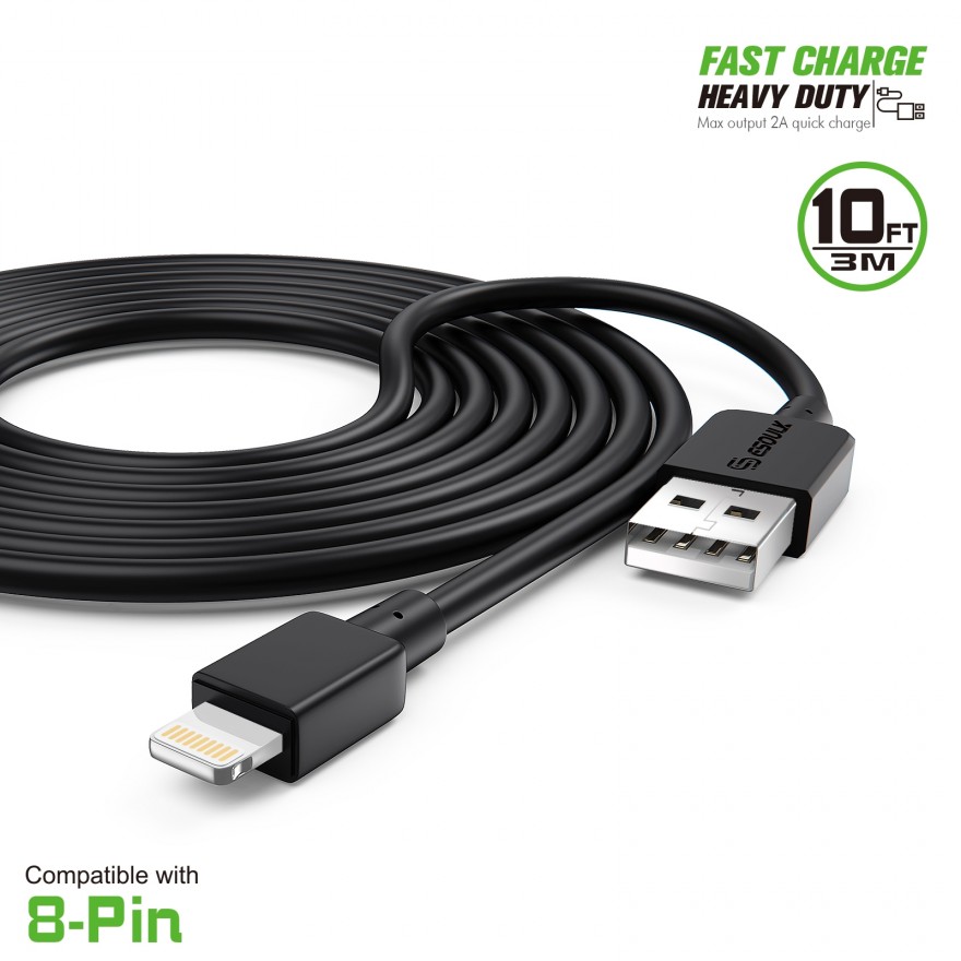 EC38P-IP-BK : 10FT Heavy Duty USB Cable 2A For iPhone Black