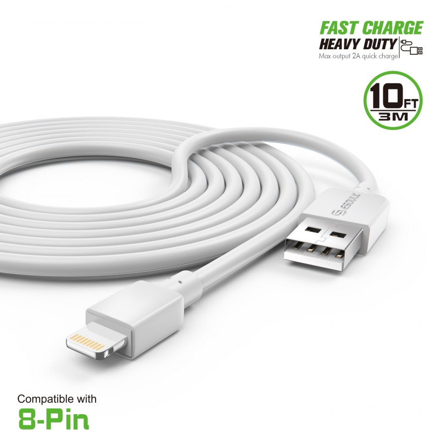 EC38P-IP-WH: 10FT Heavy Duty USB Cable 2A For iPhone White