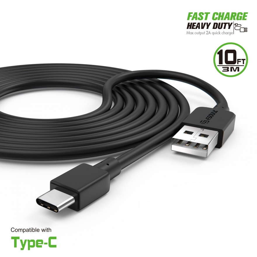 EC38P-TPC-BK: 10FT Heavy Duty USB Cable 2A For Type-C Black