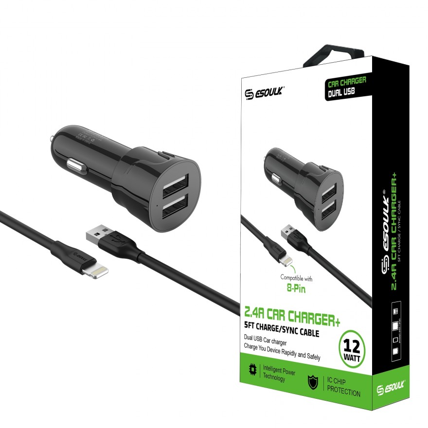EC43P-IP-BK Esoulk 12W 2.4A Dual USB Travel Car charger With 5FT Charging Cable for iPhone XS MAX/XS/XR/X/8/7