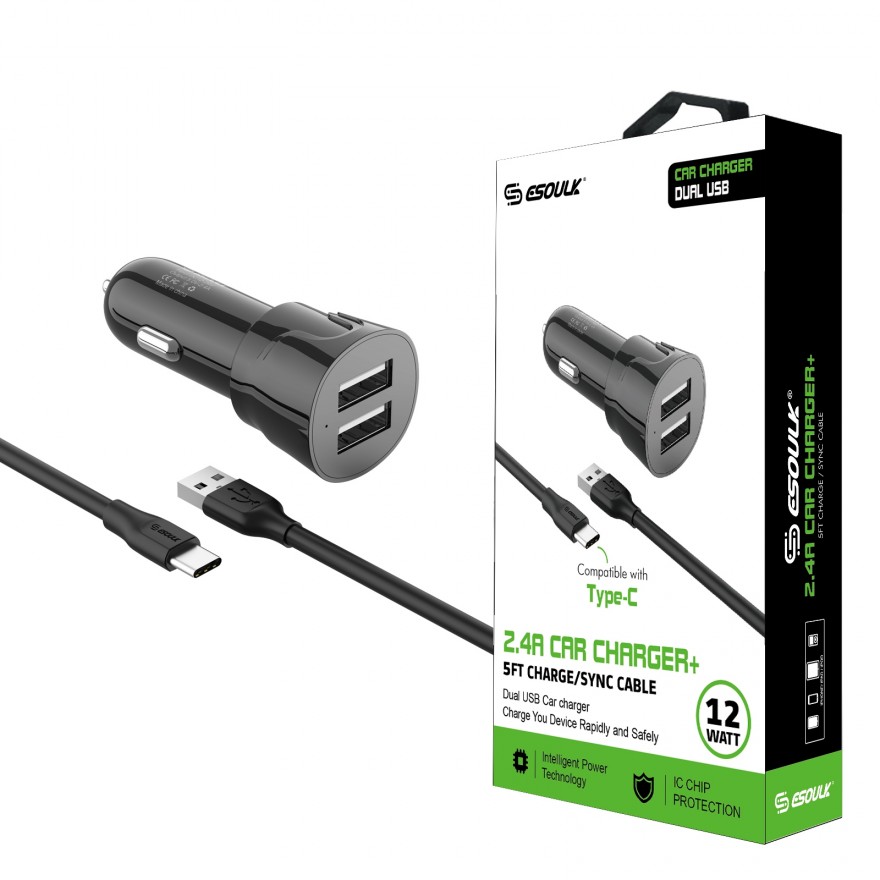 EC43P-TPC-BK Esoulk 12W 2.4A Dual USB Travel Car charger with 5FT Type-C Charging Cable 
