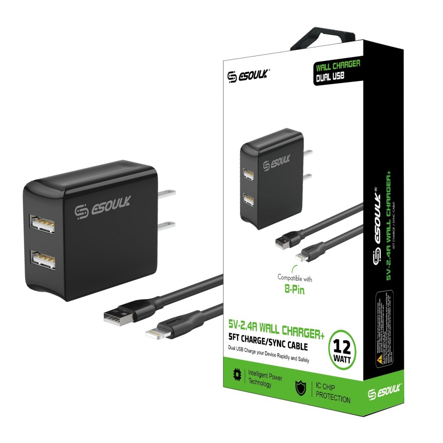 EC44P-IP-BK Esoulk 12W 2.4A Dual USB Travel Wall charger With 5FT Charging Cable for iPhone XS MAX/XS/XR/X/8/7