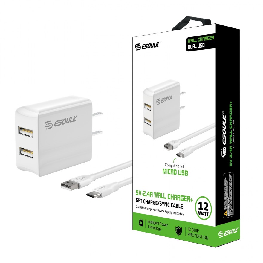 EC44P-MU-WH Esoulk 12W 2.4A Dual USB Travel Wall charger With 5FT  Micro USB Charging Cable 