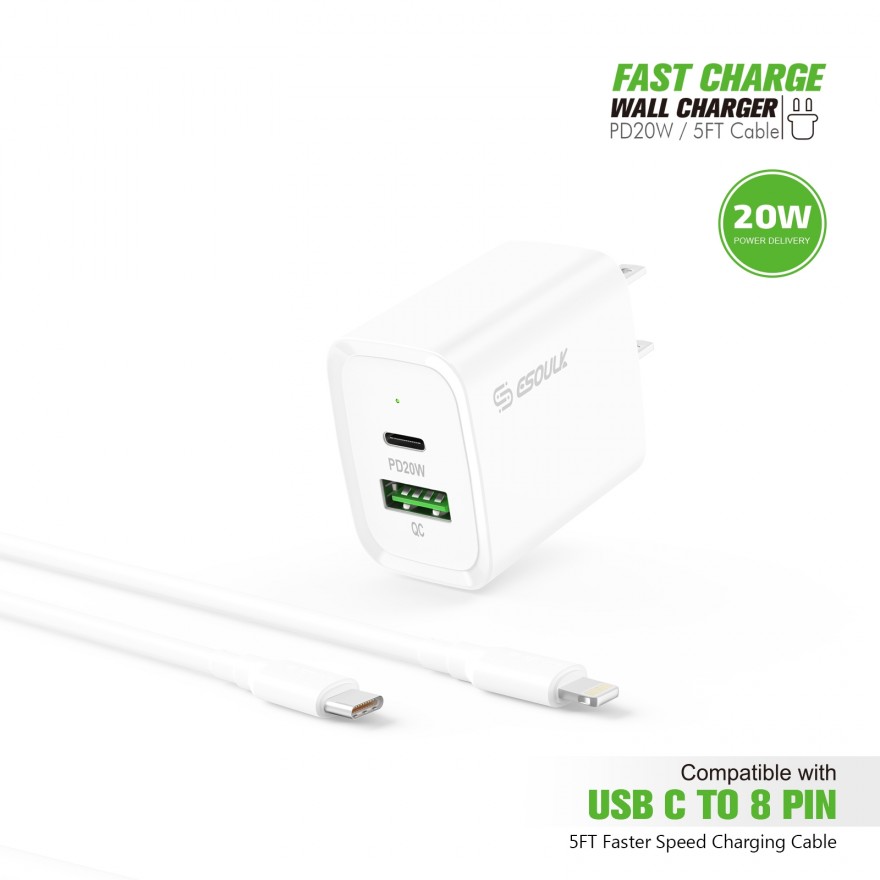 EC49-CL-WH: 20W PD+QC FAST WALL CHARGER & 5FT USB C TO 8PIN CABLE