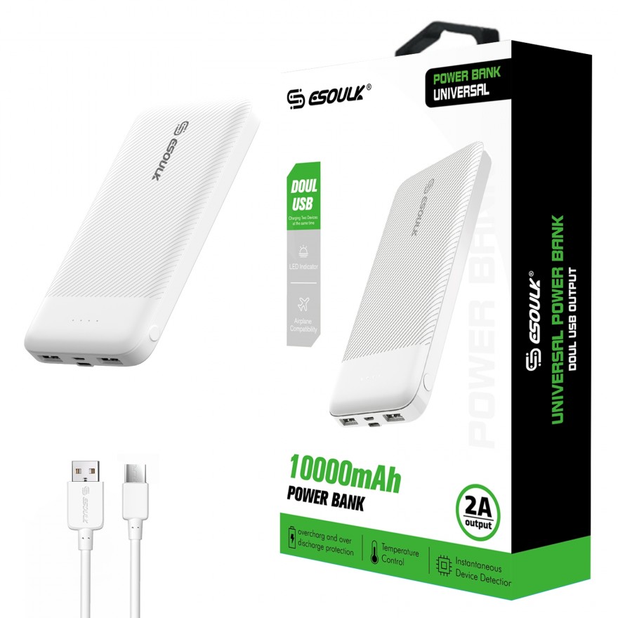 EP06P-WH:10000mAh 2A Output &Doul USB Power Bank White