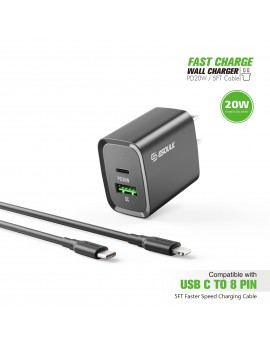 EC49-CL-BK: 20W PD+QC FAST WALL CHARGER & 5FT USB C TO 8PIN CABLE