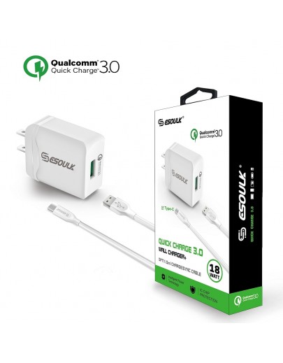 EC03P-TPC-WH: Esoulk 18W QC3.0 Quick Charger Wall charger with 5ft Cable For Type-C [Qualcomm Certified]