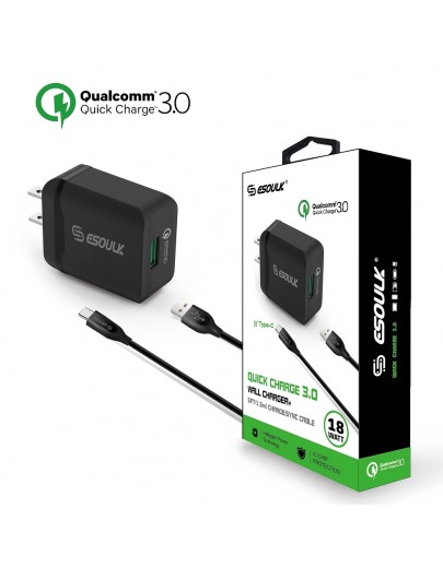 EC03P-TPC-BK: Esoulk 18W QC3.0 Quick Charger Wall charger with 5ft Cable For Type-C [Qualcomm Certified]