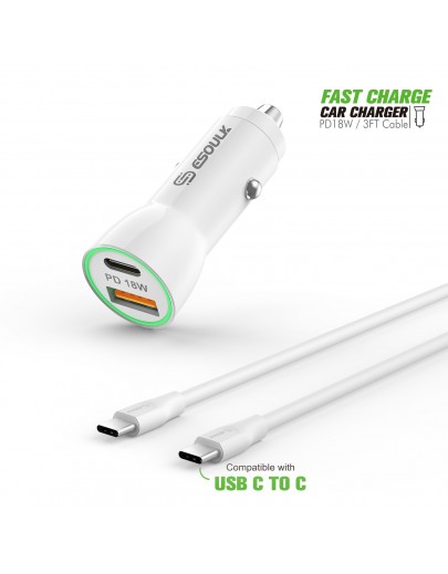 EC09P-CC-WH:18W Car Charger PD & USB-A with 3ft C to C cable 