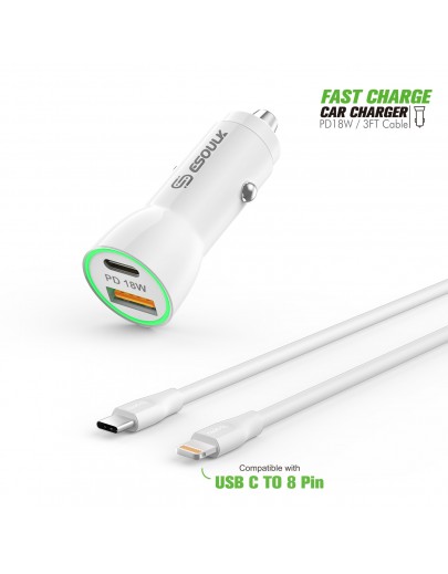 EC09P-CL-WH:18W Car Charger PD & USB-A With 3ft C to IPhone Cable For iPhone 12/11 