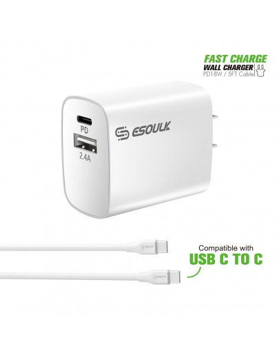 EC10P-CC-WH:18W Wall Charger PD & USB-A with 5ft C to C cable 