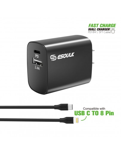 EC10P-CL-BK:18W Wall Charger PD & USB-A with 5ft C to iPhone cable For iPhone 12/11