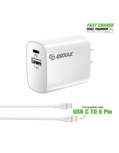 EC10P-CL-WH:18W Wall Charger PD & USB-A with 5ft C to iPhone cable For iPhone 12/11 