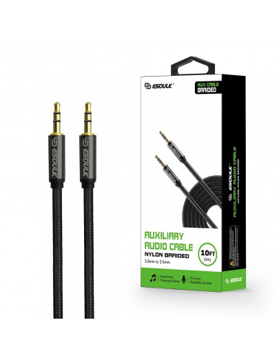EC31P-AX-BK: Esoulk 3M [10ft] Nylon Fabric Tangle-Free Male to Male 3.5mm Auxiliary Cable Black
