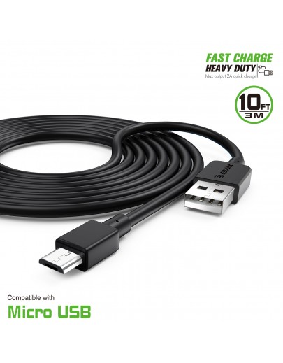 EC38P-MU-BK : 10FT Heavy Duty USB Cable 2A For Mirco USB Black