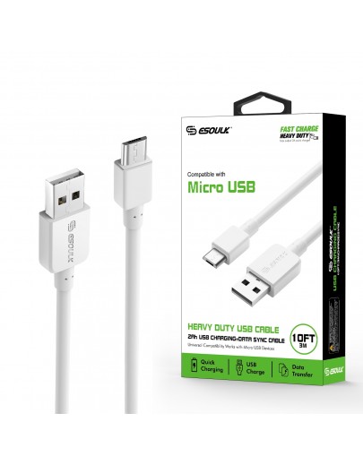 EC38P-MU-WH : 10FT Heavy Duty USB Cable 2A For Mirco USB White