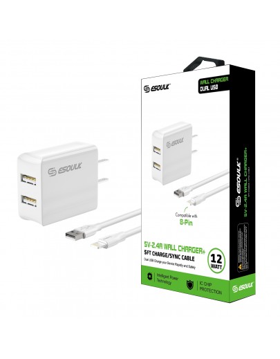 EC44P-IP-WH Esoulk 12W 2.4A Dual USB Travel Wall charger With 5FT Charging Cable for iPhone XS MAX/XS/XR/X/8/7