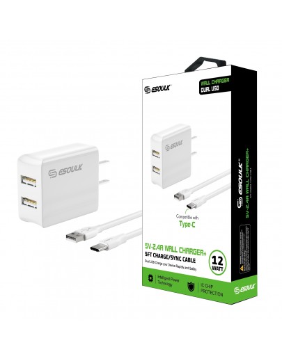 EC44P-TPC-WH Esoulk 12W 2.4A Dual USB Travel Wall charger With 5FT Type-C Charging Cable 