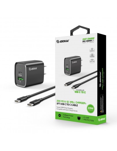 EC49-CC-BK:20W PD+QC FAST WALL CHARGER & 5FT USB C TO C CABLE