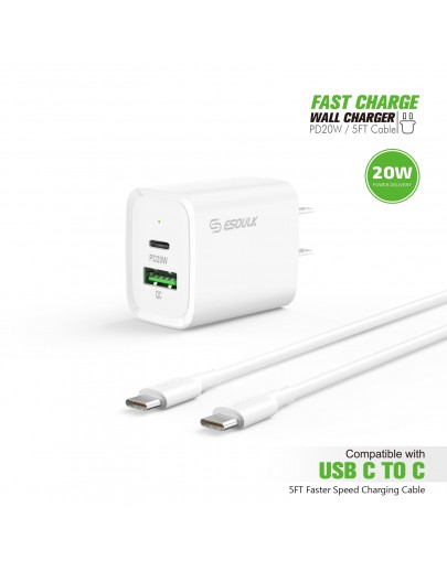EC49-CC-WH: 20W PD+QC FAST WALL CHARGER & 5FT USB C TO C CABLE