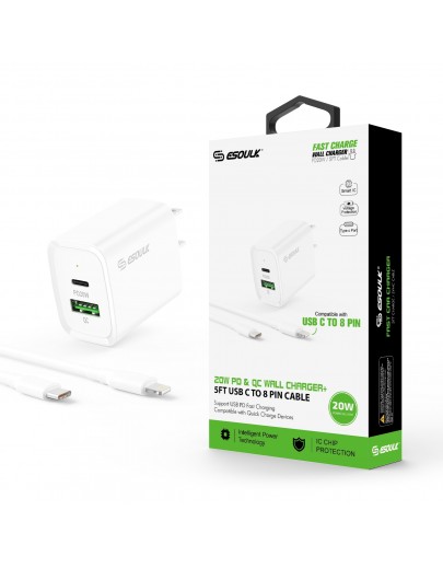 EC49-CL-WH: 20W PD+QC FAST WALL CHARGER & 5FT USB C TO 8PIN CABLE